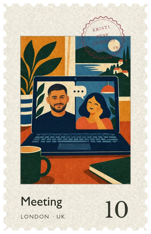 Meeting retro postage stamp