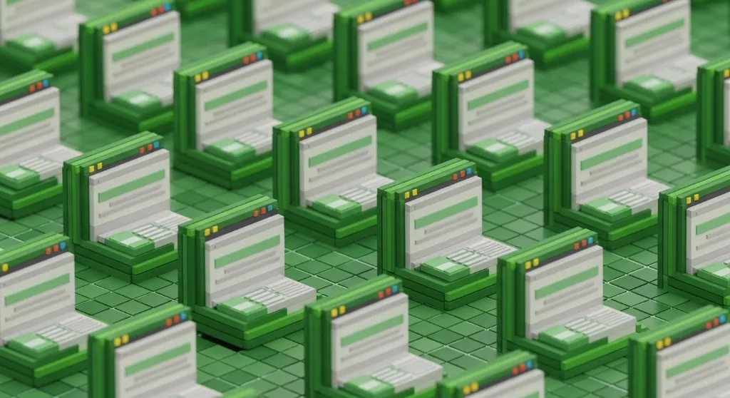 Isometric grid of identical browser windows in green, suggesting mass produced interfaces that all look the same