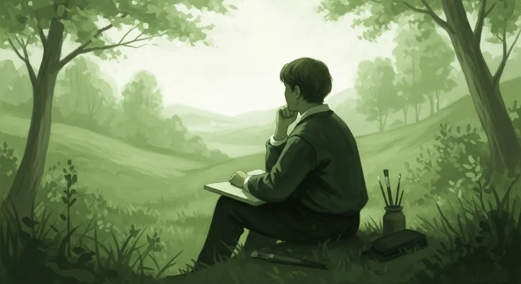 A designer sitting alone in a green field, contemplating — representing the hesitation and fear around starting with AI
