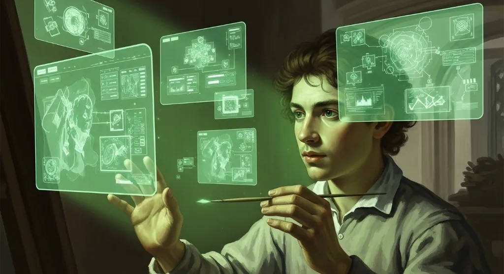 A designer interacting with glowing holographic UI screens — representing the build-deploy-learn loop of AI-native work