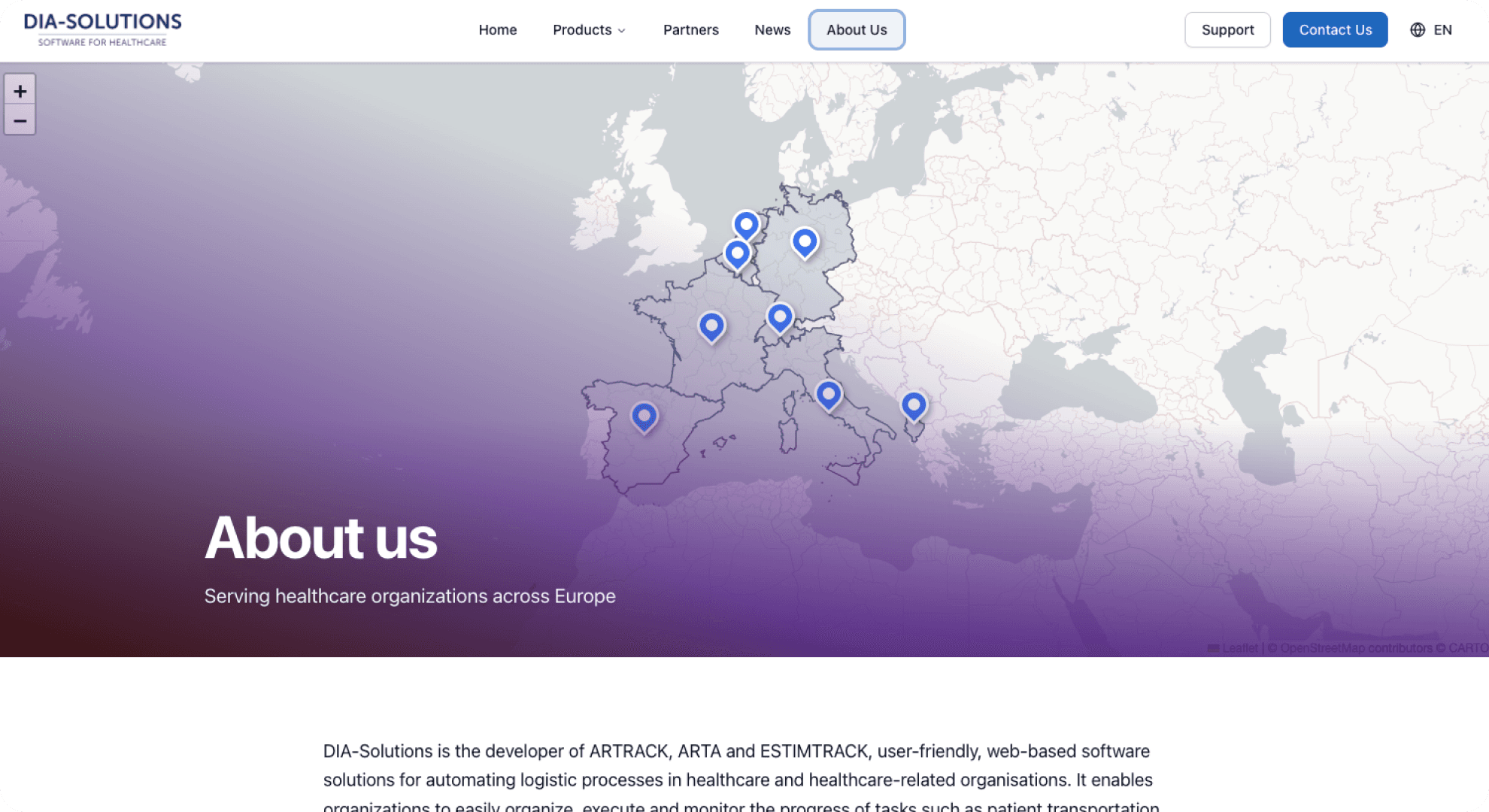 About Us page with interactive European presence map