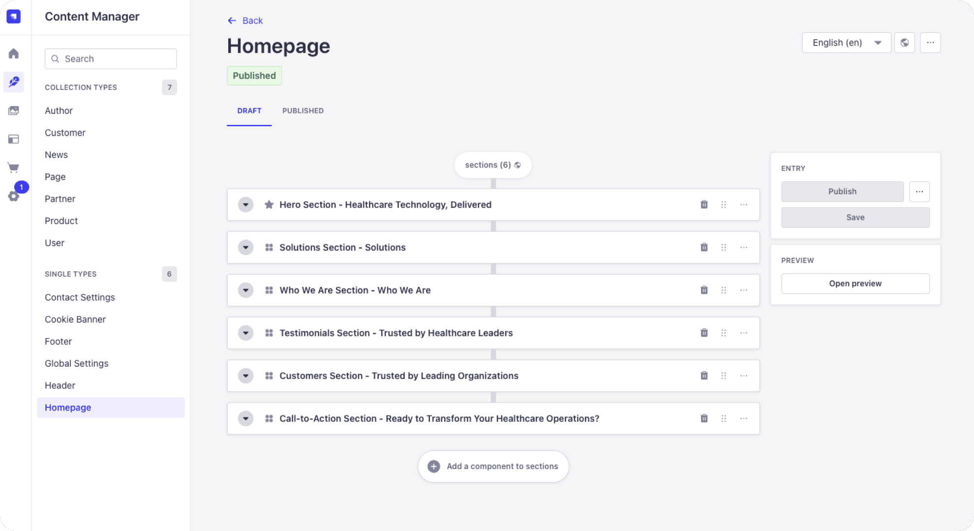Strapi admin interface for managing homepage content