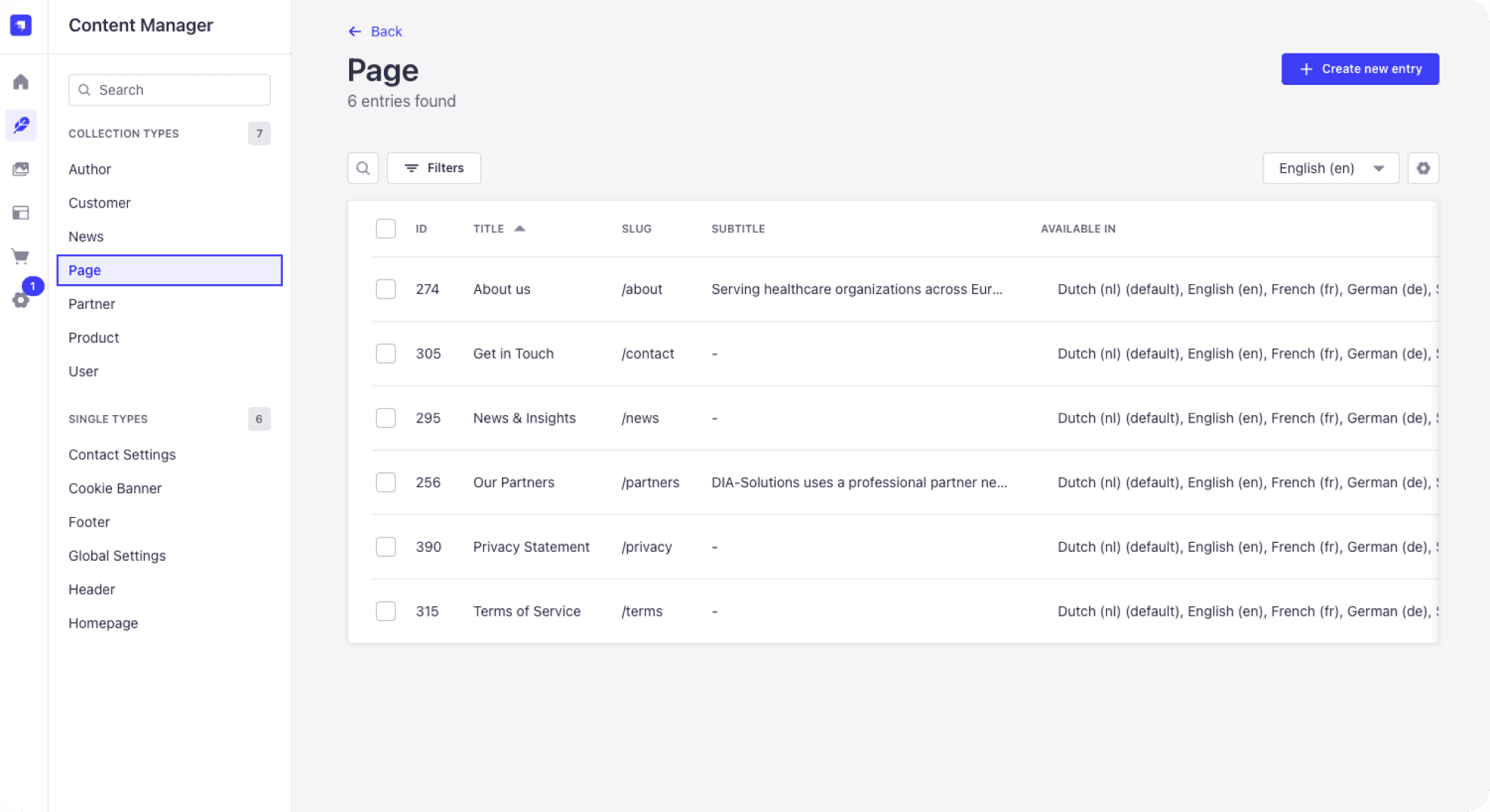 Strapi admin interface for managing pages