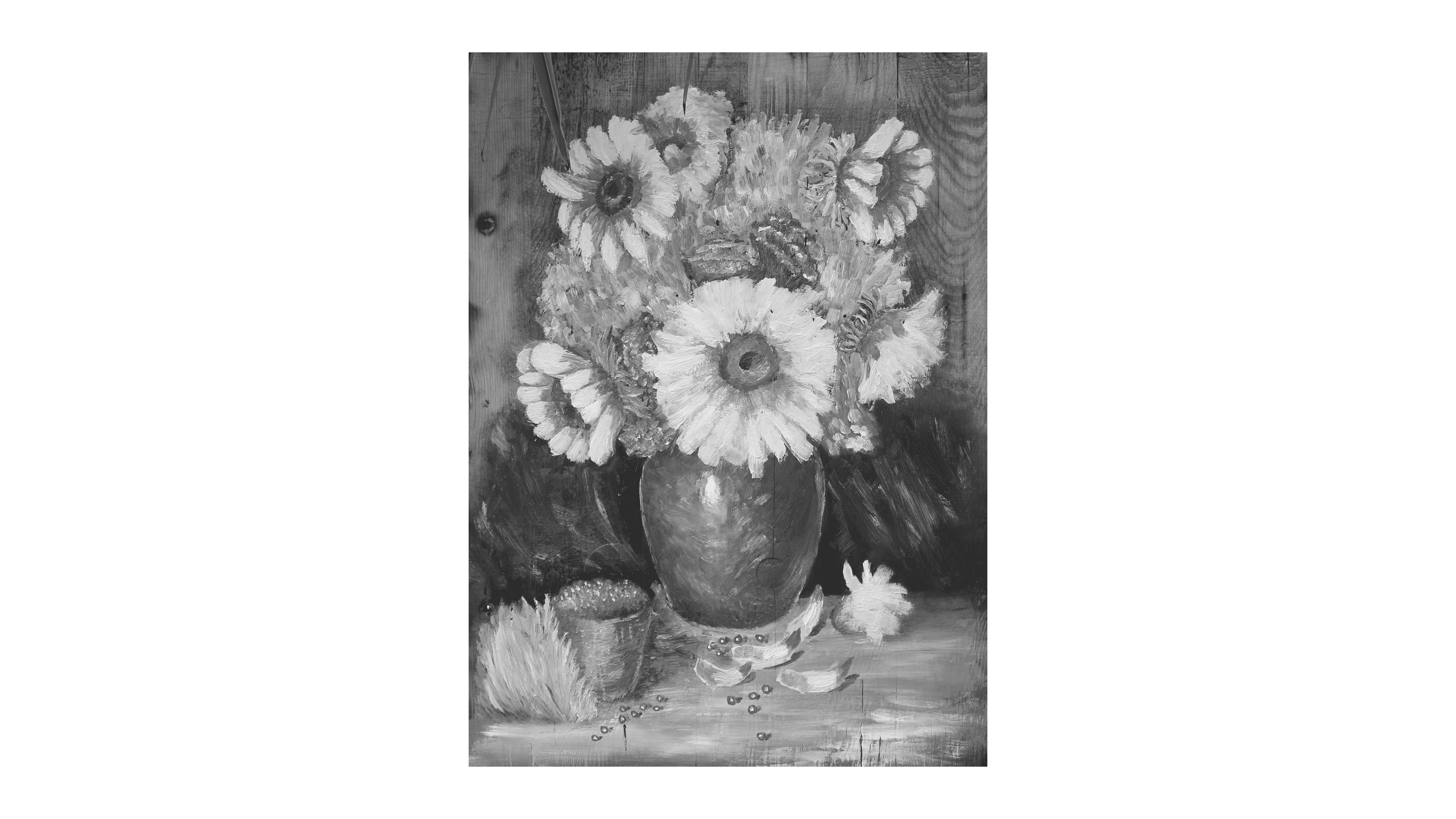A flower pot painting that captured a quiet moment of everyday beauty.