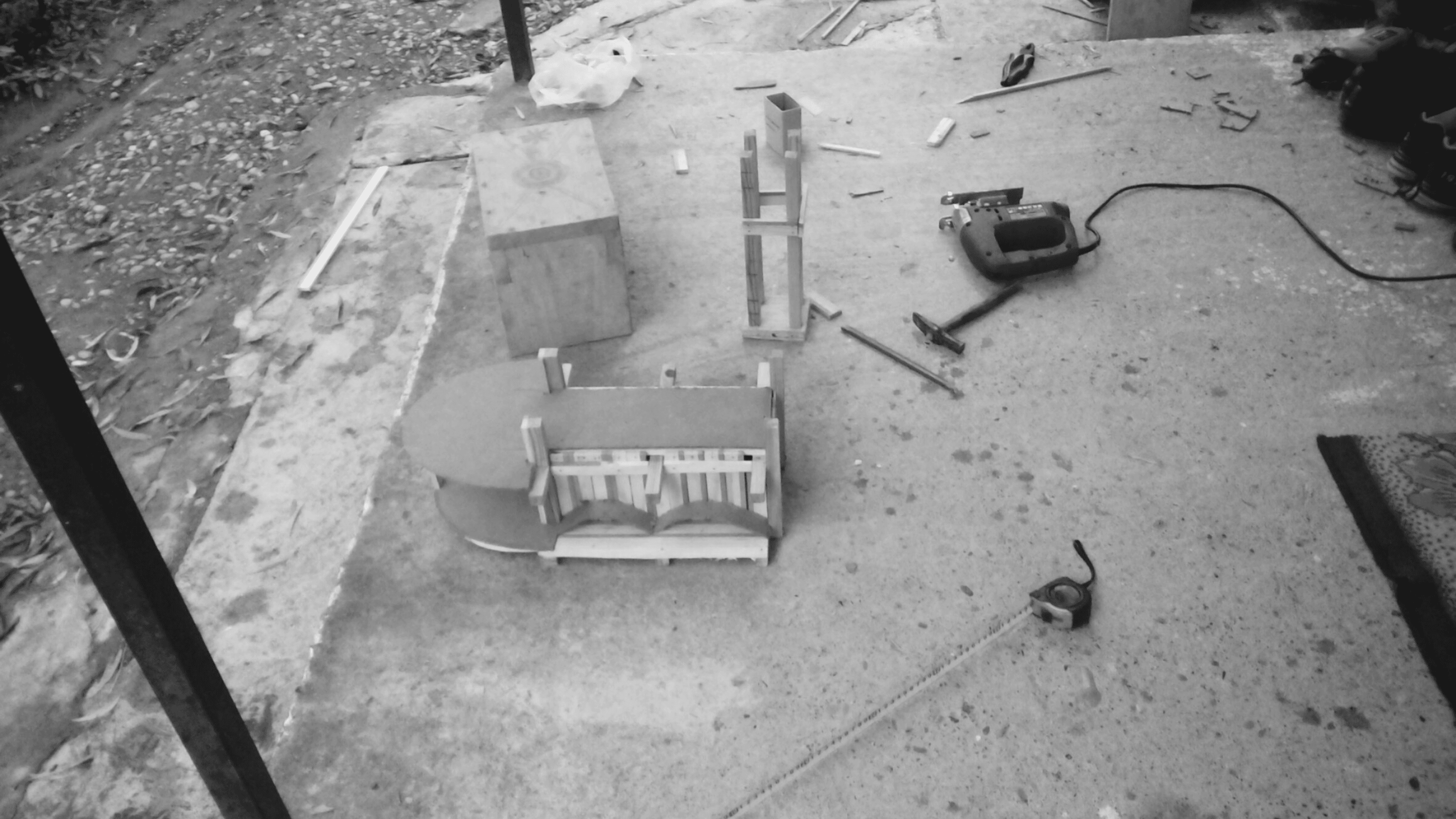 A miniature wooden playground: the place where I worked on the shopping mall woodcraft project.