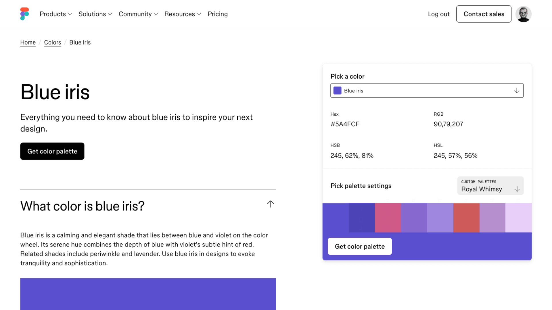 Blue Iris primary colour on the Figma colours page