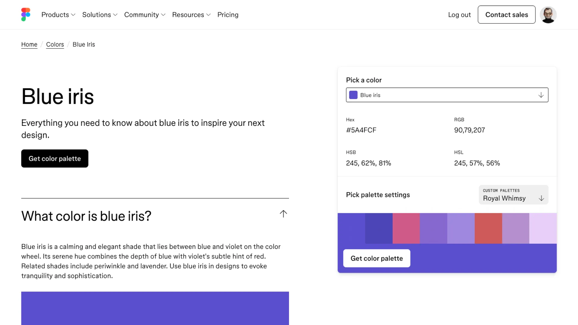 Blue Iris primary colour on the Figma colours page