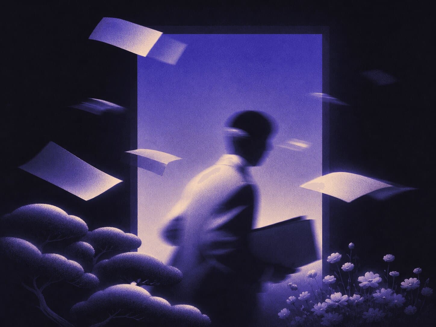 Atmospheric purple scene with figure and floating papers, used behind the audit section