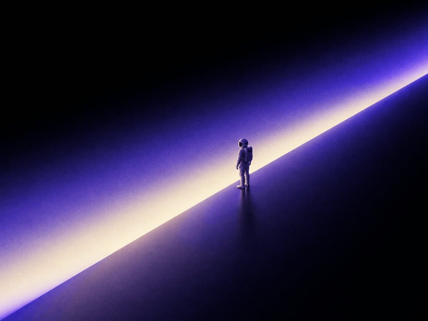 Astronaut figure on a glowing purple horizon, used as a brand statement piece