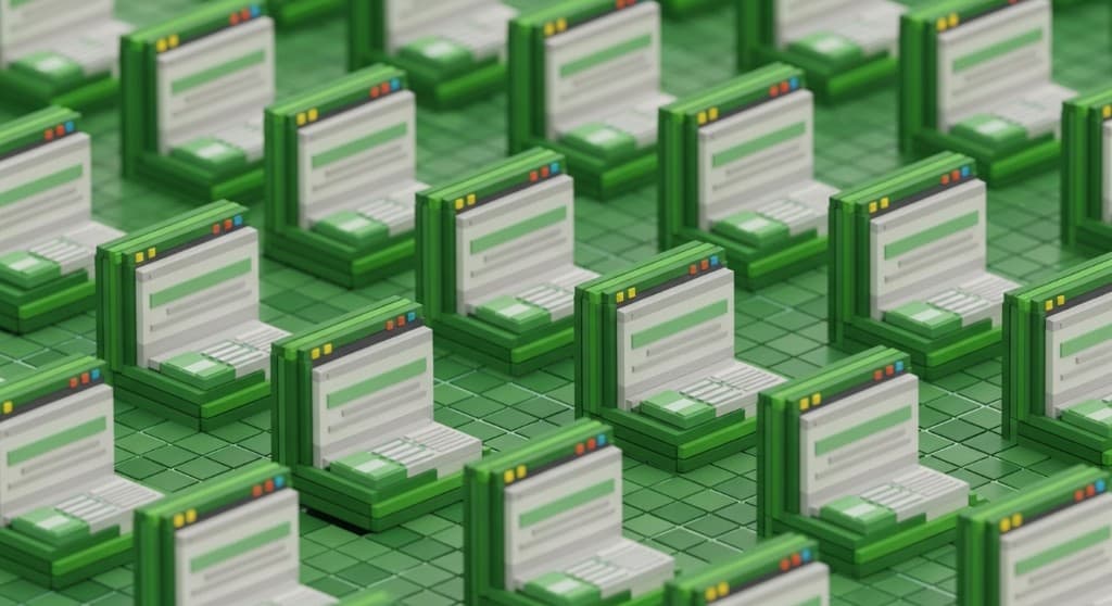 Isometric grid of identical browser windows in green, suggesting mass produced interfaces that all look the same