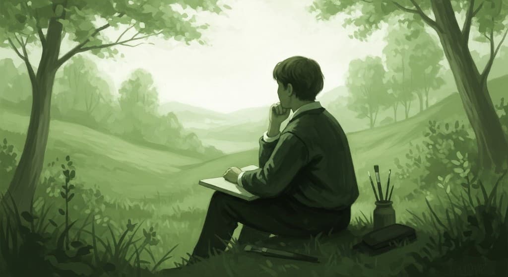 A designer sitting alone in a green field, contemplating — representing the hesitation and fear around starting with AI