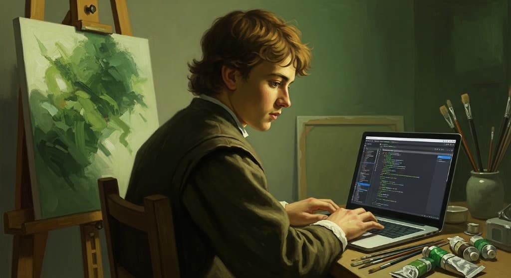 A designer at a laptop with an easel and paint brushes beside them — representing the blend of creative and technical work