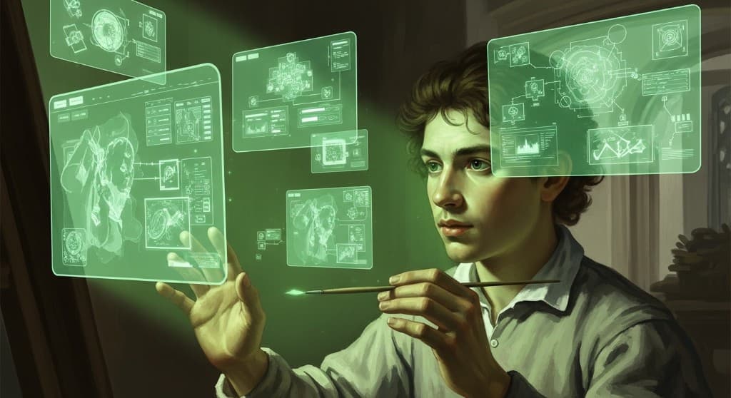 A designer interacting with glowing holographic UI screens — representing the build-deploy-learn loop of AI-native work