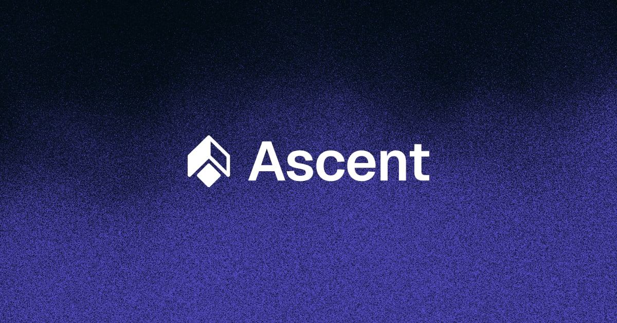 Ascent brand preview: dark purple grainy gradient with the Ascent logo and wordmark centred