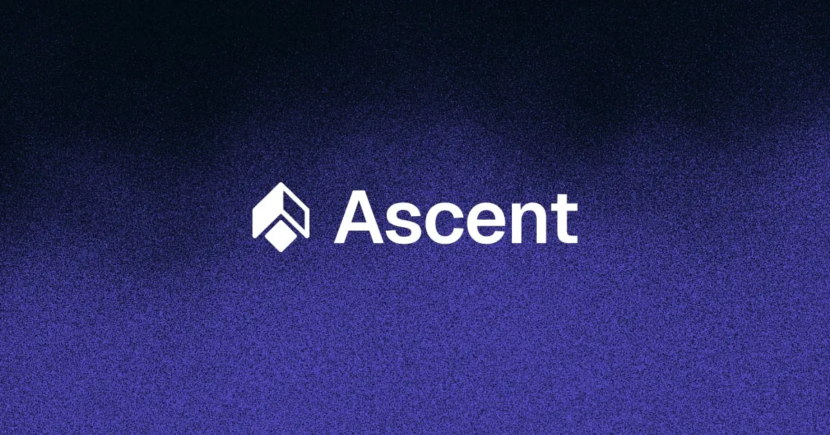 Ascent brand preview: dark purple grainy gradient with the Ascent logo and wordmark centred
