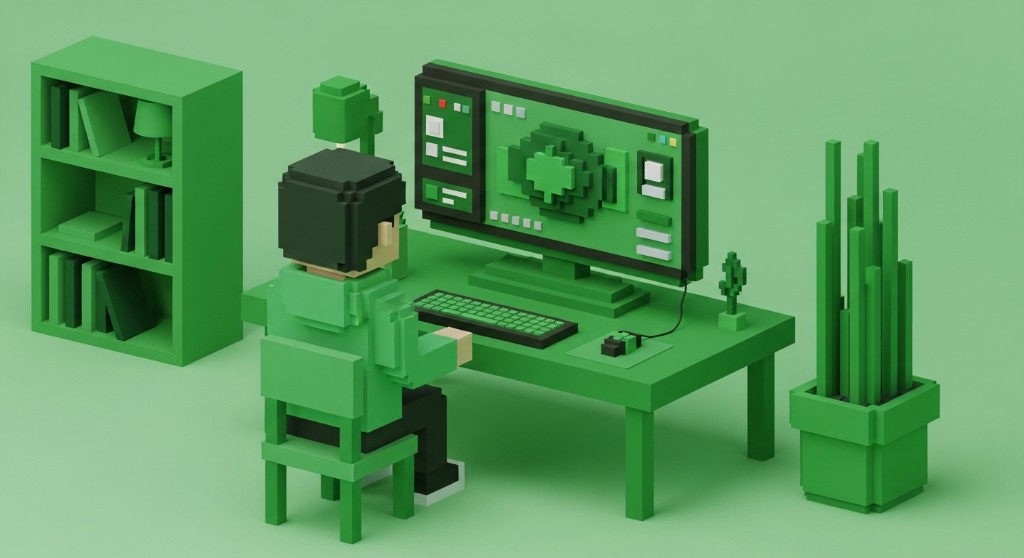 Voxel style developer seen from behind at a desk with monitor and plant, suggesting deep work on product feel