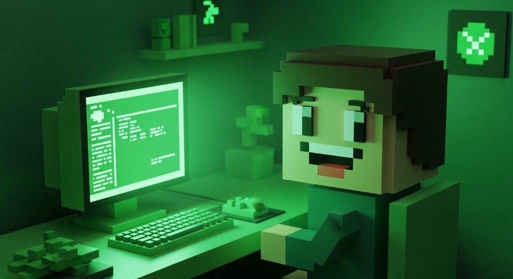 Voxel style character at a desk with a glowing green screen, suggesting a maker shaping how a product feels