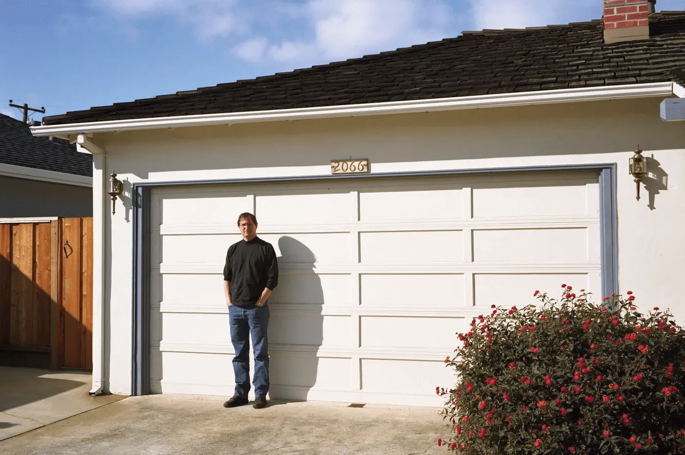 Steve Jobs at his childhood home where Apple was founded, 1996