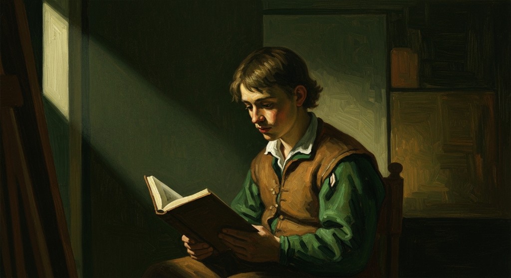 A young person reading a book by a window in a quiet room — representing reflection and the reality that everyone is still learning