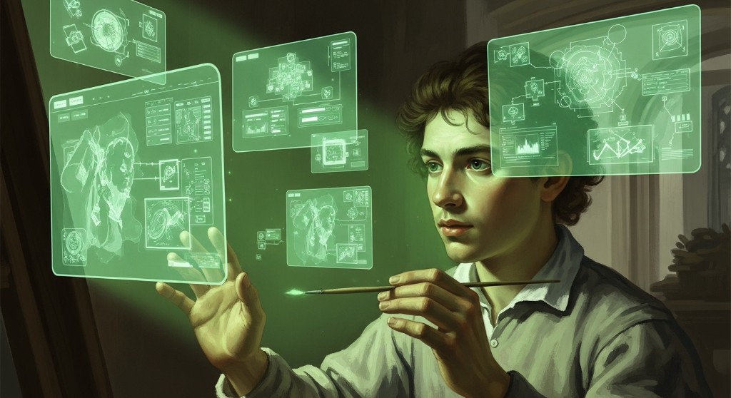 A designer interacting with glowing holographic UI screens — representing the build-deploy-learn loop of AI-native work